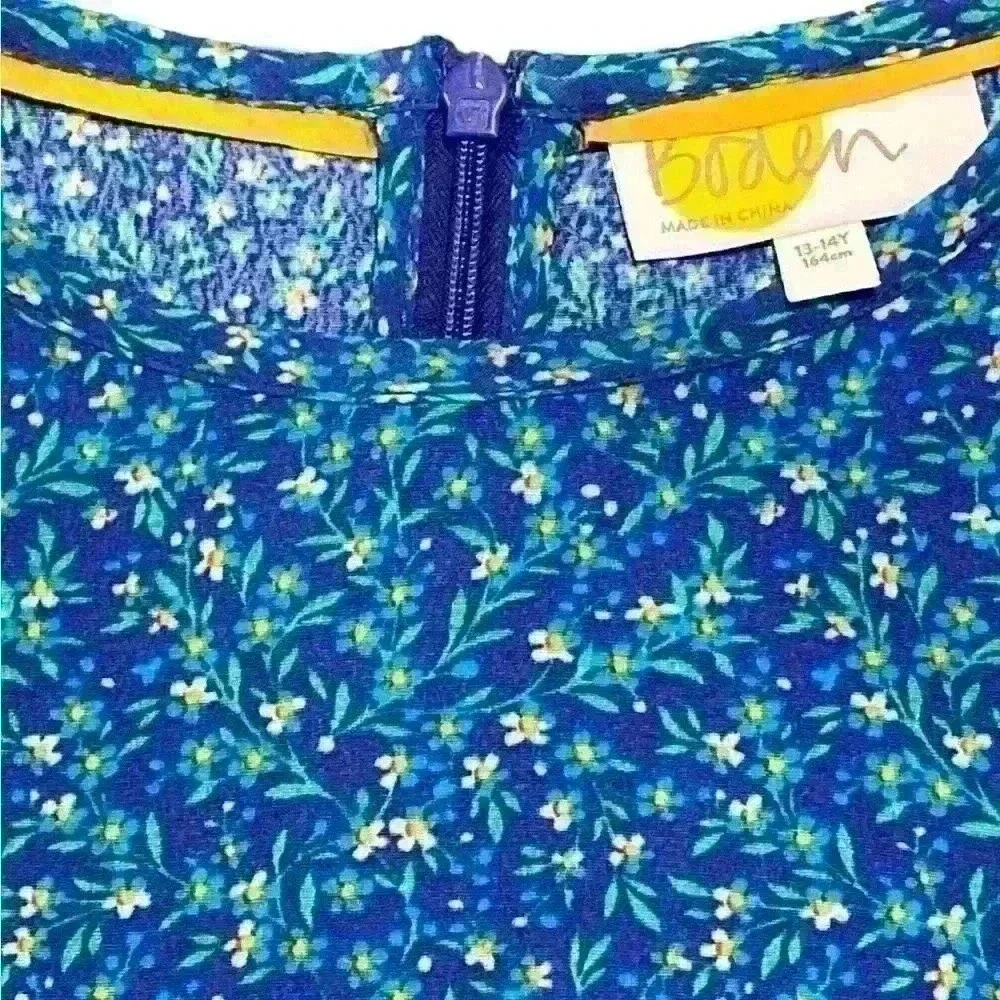 Boden Girls Blue Floral A-Symmetrical dress with zip up back Size 13-14 Y